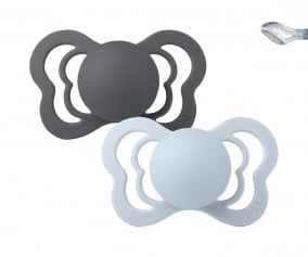 2 sucettes BIBS couture couture Iron/Baby Blue en silicone