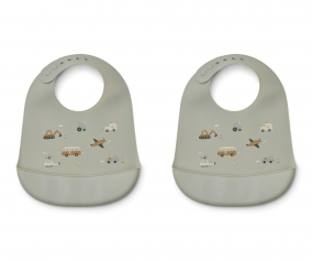 2 Silicone Bibs Tilda Vehicles Dove Blue Mix
