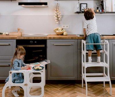 Montessori Learning Tower Table and Chair Pearl Gray/Silver