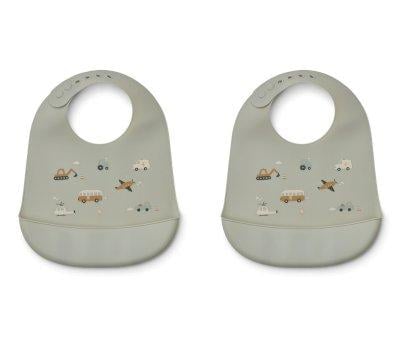 2 Silicone Bibs Tilda Vehicles Dove Blue Mix