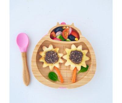 Assiette en bambou avec ventouse Coccinelle Rose