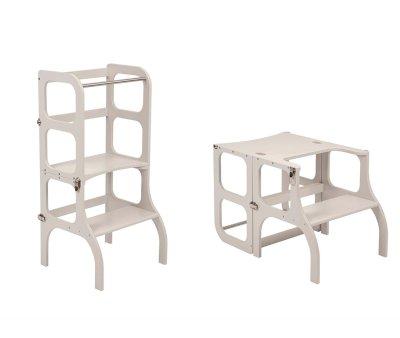 Montessori Learning Tower Table and Chair Pearl Gray/Silver