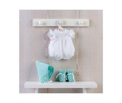 White Plumeti Romper Set, Mint Hat and Booties Alex