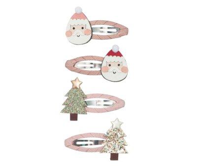 4 Barrettes Christmas Santa & Tree