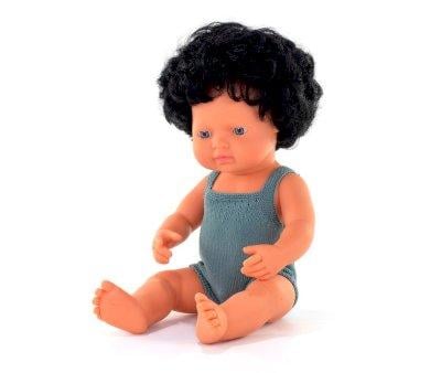 Brown Curly Hair Doll with Gray Romper 38 cm