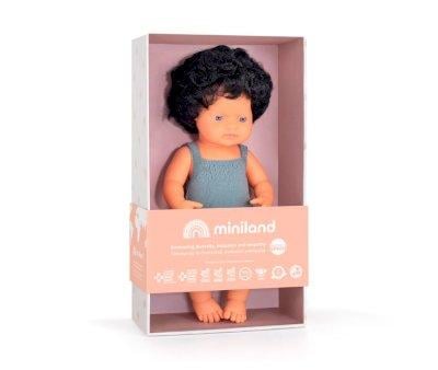Brown Curly Hair Doll with Gray Romper 38 cm