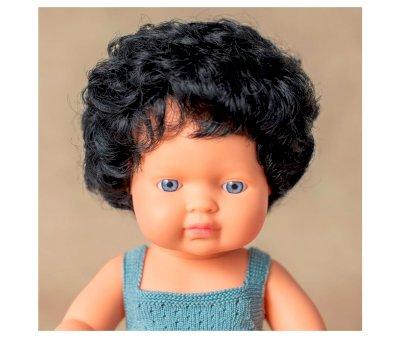 Brown Curly Hair Doll with Gray Romper 38 cm