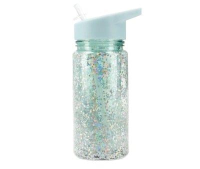 Botella Plstico con Pajita Glitter Stars Turquoise Personalizable