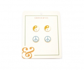 2 pares de brincos infantil de esmalte Enamel Ying Yang + Peace Sign