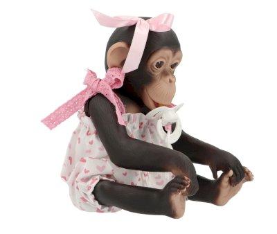 Lola the Chimpanzee with a Romper of Hearts and Pink Lace Bows