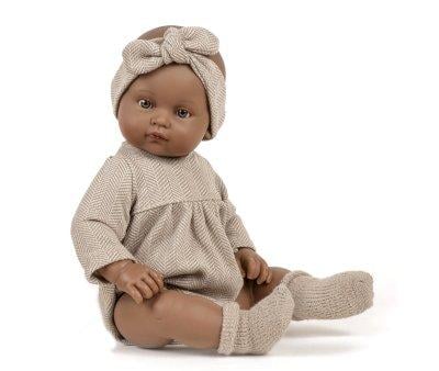 Les Bambinis Doll Augustine Dressed in Romper and Beige Chevron Headband