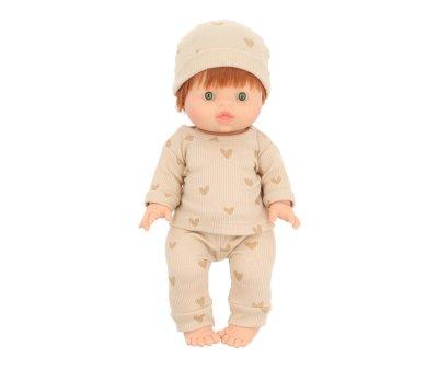 Poupe Gordis Raphael avec Pyjama Morgan et Bonnet Beige avec Imprim de Coeurs Beiges