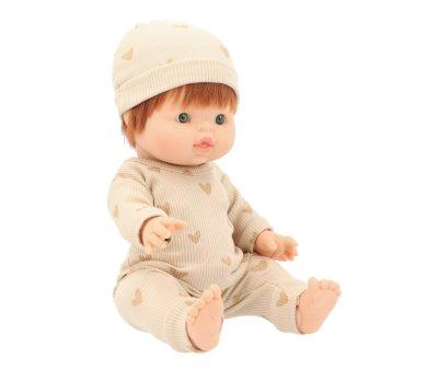 Poupe Gordis Raphael avec Pyjama Morgan et Bonnet Beige avec Imprim de Coeurs Beiges