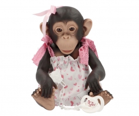 Lola the Chimpanzee with a Romper of Hearts and Pink Lace Bows