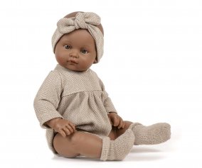 Les Bambinis Doll Augustine Dressed in Romper and Beige Chevron Headband