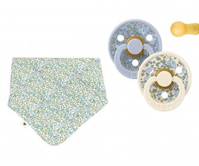 Pack 2 chupetas BIBS Round Colour + 1 seca babinhas Liberty Eloise Dusty Blue Mix/Ivory Coat